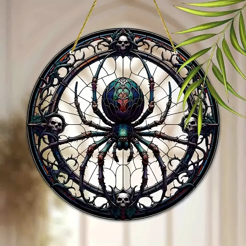 [Halloween] 1pc, Vibrant Spiders and Skeletons Stained Glass Suncatcher - 9''x9'' Halloween Window Hanging Ornament, Gothic Wall Art Decor, Living Room, Garden, Yard, Bedroom Decoration, Holiday Party Gif ORHA2408