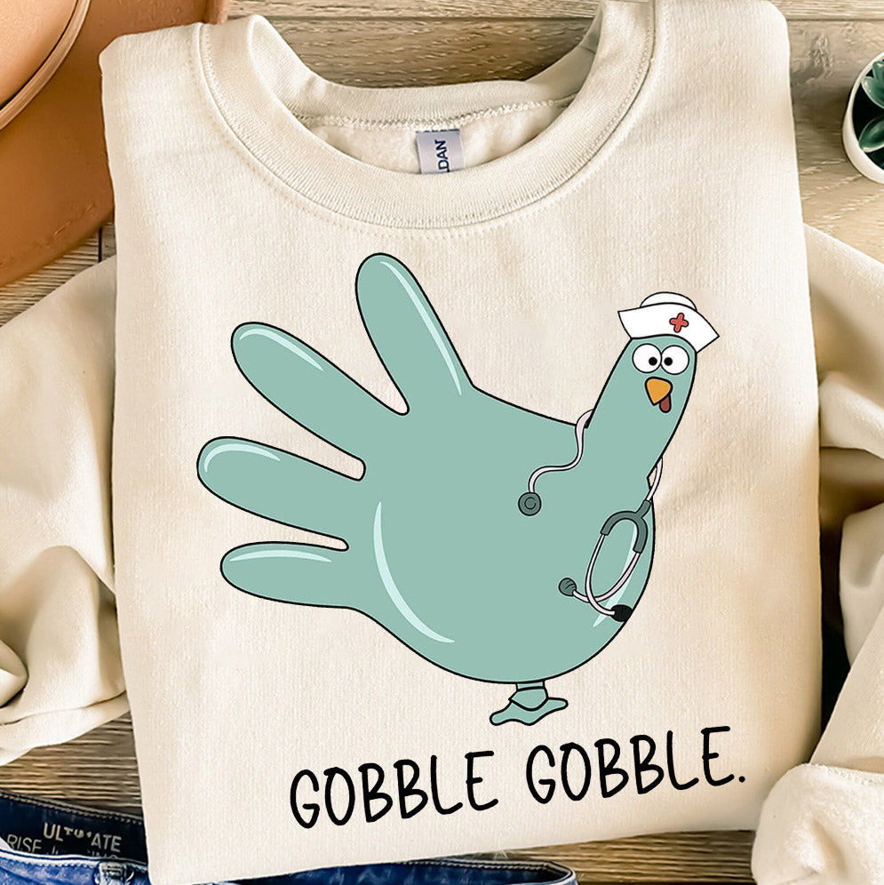 Turkey Glove Nurse Thanksgiving Sweatshirt, Gobble Gobble Nurse Turkey Sweater, Thanksgiving Nurse Shirt, Funny Nurse Thanksgiving Crewneck