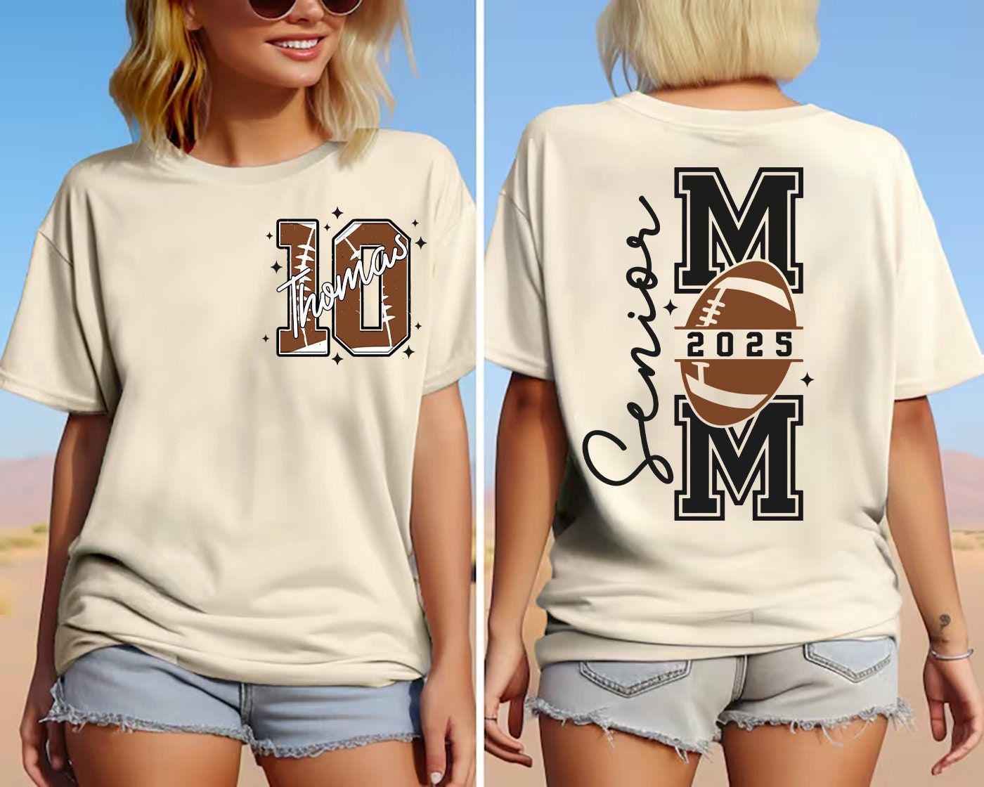 Two-sided Personalized Senior Football Mom Shirt, Football Senior Mom 2025 Shirt, Touch Down Season Tee, Class of 2025, Custom kids Name CUSFB