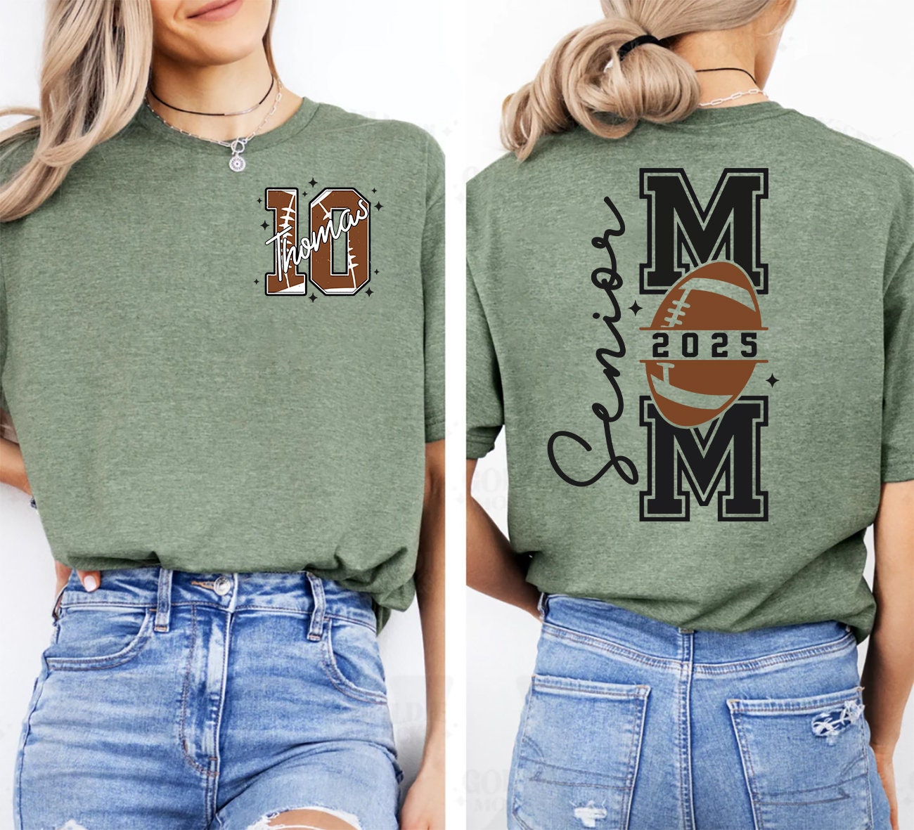 Two-sided Personalized Senior Football Mom Shirt, Football Senior Mom 2025 Shirt, Touch Down Season Tee, Class of 2025, Custom kids Name CUSFB