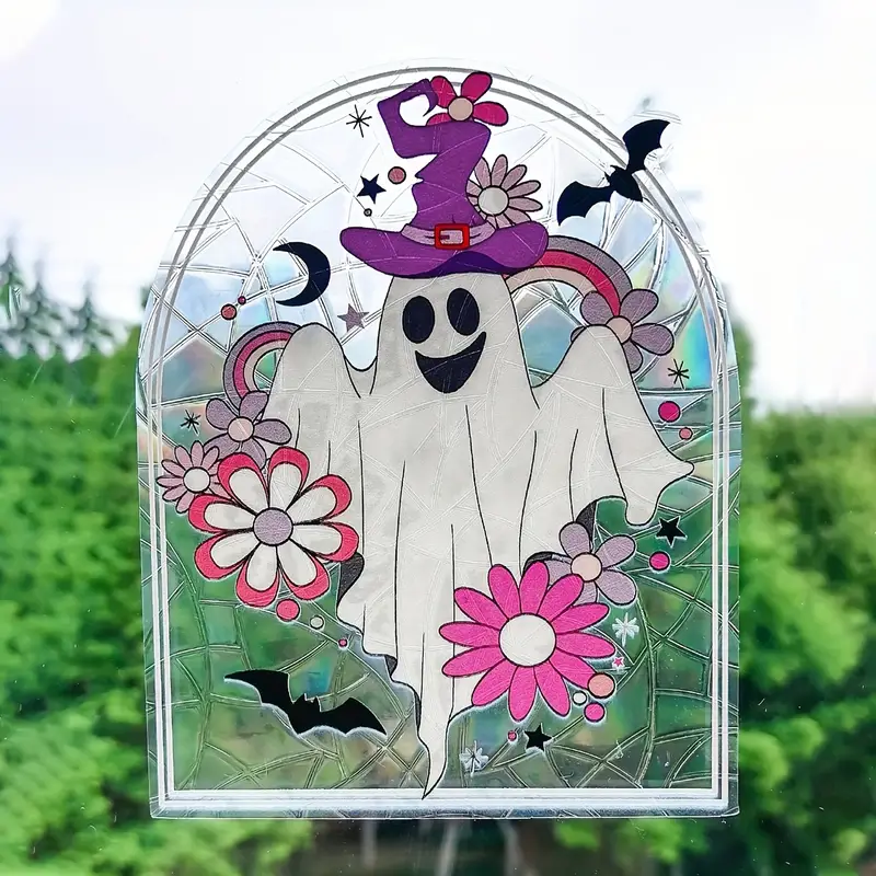 Halloween Ghost Suncatcher Window Sticker - Classic Style Static Cling Spooky Specter with Witch Hat Decal, Removable PVC Seasonal Decoration, No Battery Required, Single Pack ORHA2408