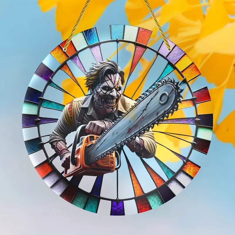 Halloween Horror Chainsaw Maniac Suncatcher Decoration for Home and Garden - 8x8 Inch - Quality Crafted Art for Wall, Wreath, Porch, Bedroom, Office, Patio - Unique Birthday and Housewarming Gift ORHA2408