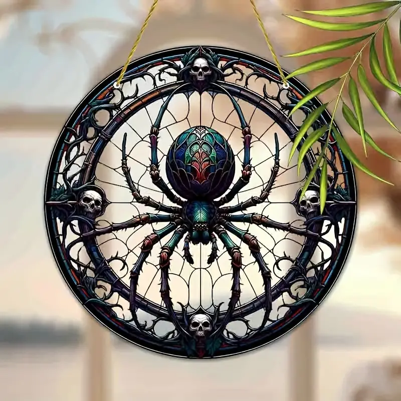 [Halloween] 1pc, Vibrant Spiders and Skeletons Stained Glass Suncatcher - 9''x9'' Halloween Window Hanging Ornament, Gothic Wall Art Decor, Living Room, Garden, Yard, Bedroom Decoration, Holiday Party Gif ORHA2408