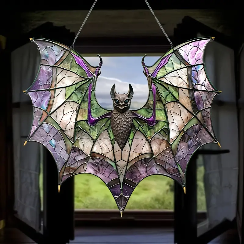 Contemporary Acrylic Bat Suncatcher, 8x7.3 - StainGlass Style Hanging Ornament for Window, Versatile Halloween Decor, Home Wall Art, Housewarming Gift, Wreath Centerpiece Accessory - Waterproof, Solvent ORHA2608