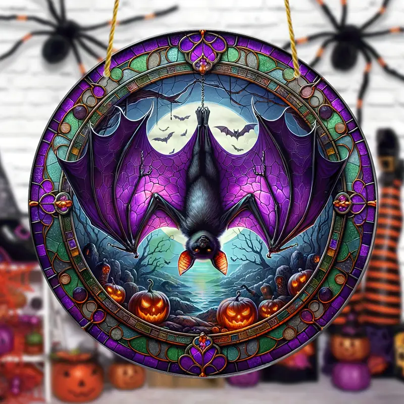 Gothic Bat Acrylic Suncatcher 8 Inch - Glam Round Hanging Ornament for Halloween, Bachelor Party - No Electricity, Featherless Wall, Window, Porch Decor - Universal, Day of the Dead, Fall Holiday ORHA2608