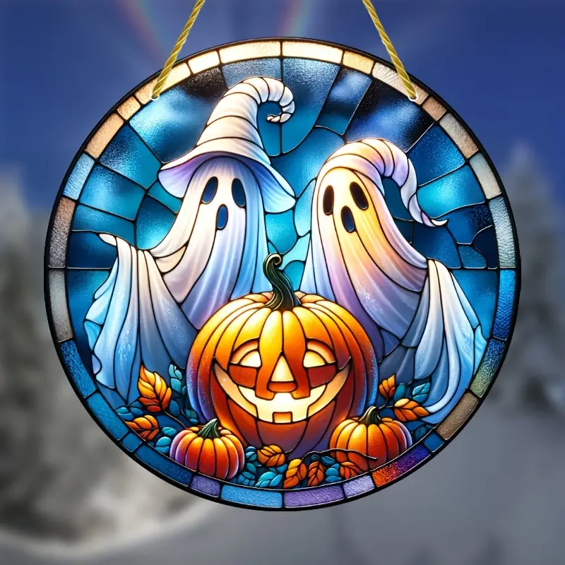 Spooky Ghosts & Pumpkins Suncatcher - 8x8 Acrylic Stained Glass Window Hanging, Perfect for Halloween Decor Indoors & Outdoors, Porch, Garden, Bedroom, Office - Unique Gift Idea ORHA2408
