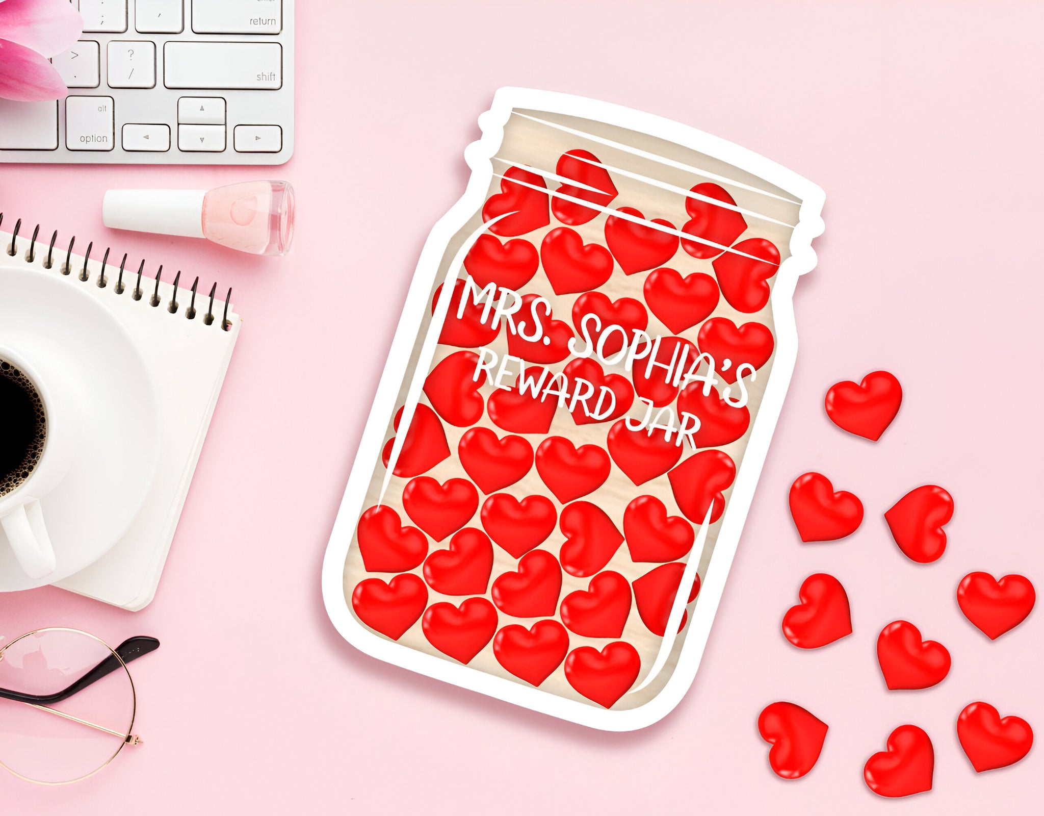 Heart Acrylic Charms Custom Teacher Gift, Personalized Reward Jar 6 Rejar