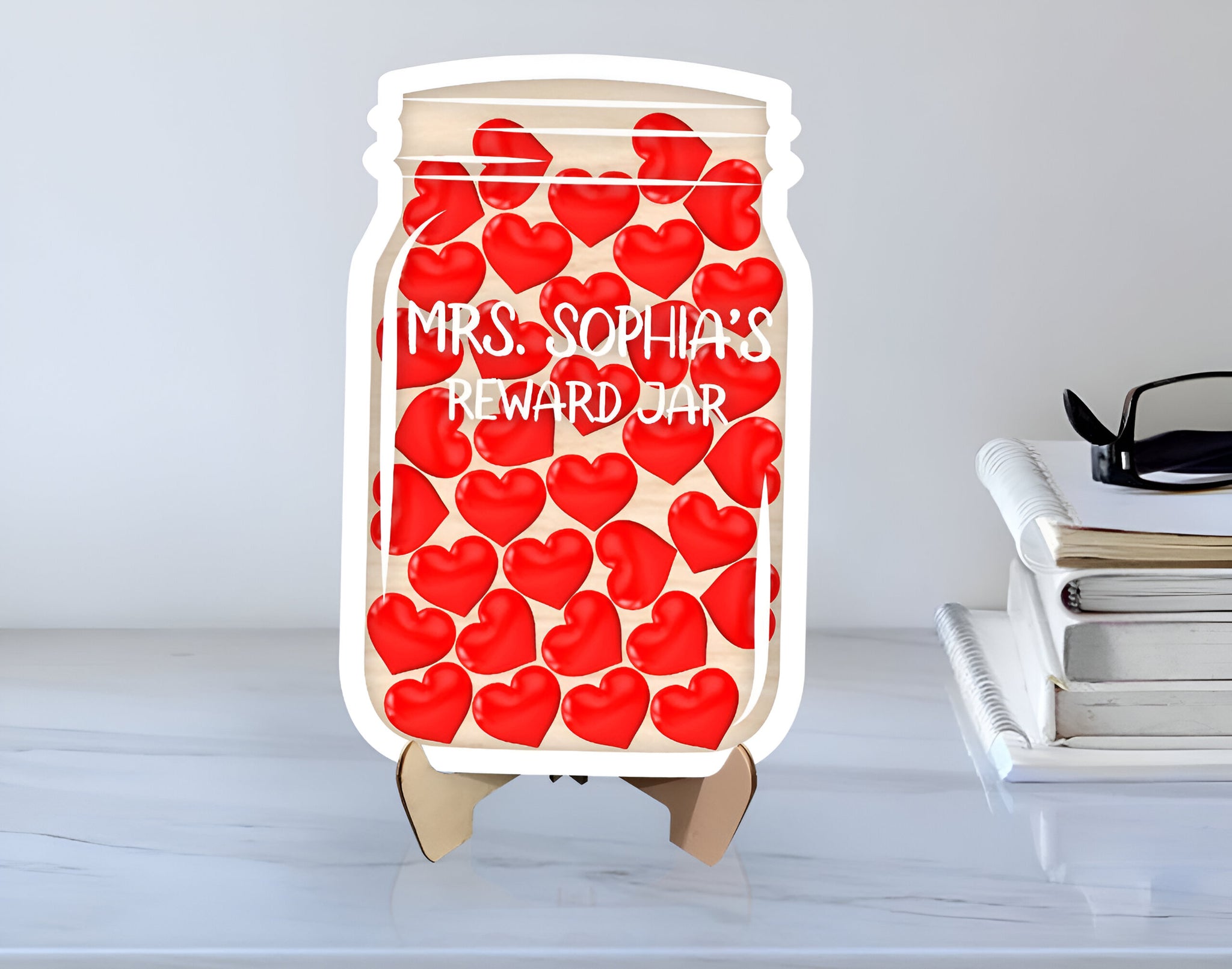 Heart Acrylic Charms Custom Teacher Gift, Personalized Reward Jar 6 Rejar