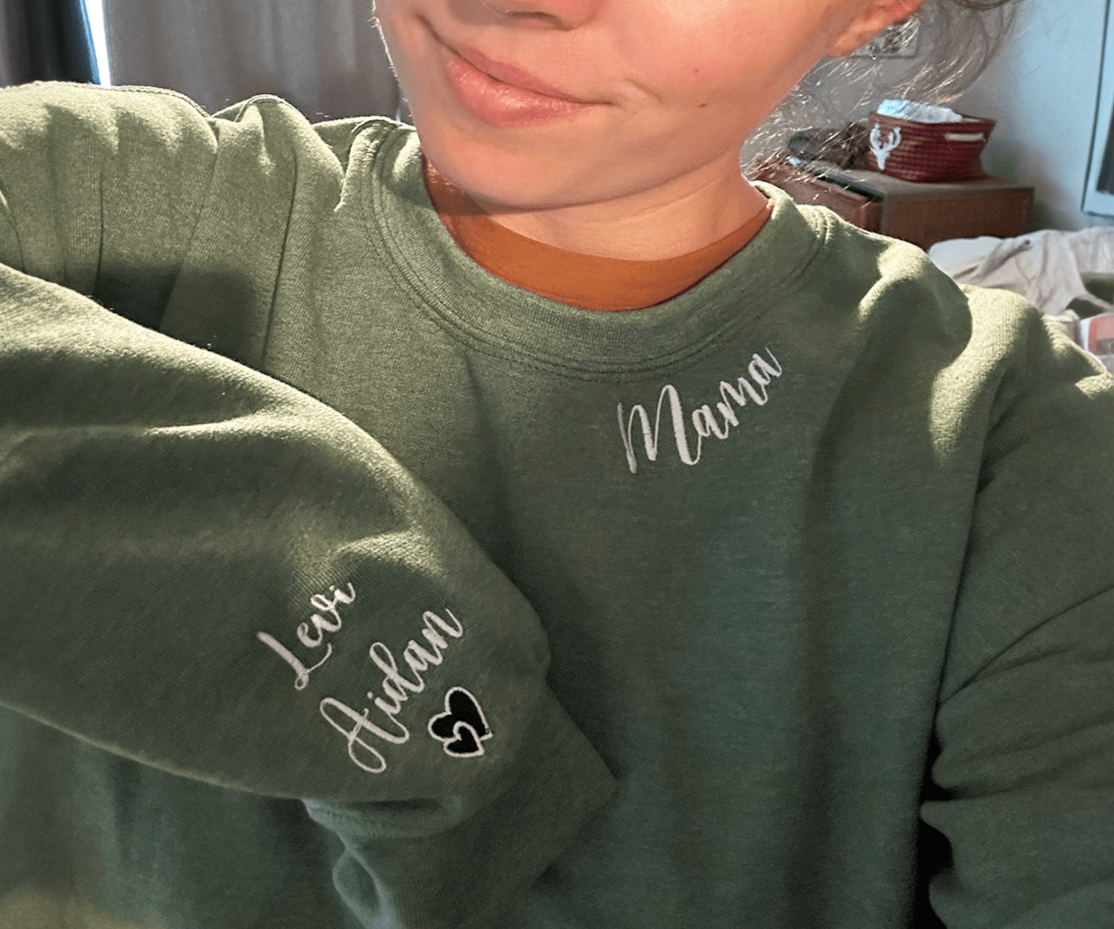 Mama Embroidered Sweatshirt, Custom Momma Sweatshirt Hoodie With Kids Names, Heart On Sleeve em4