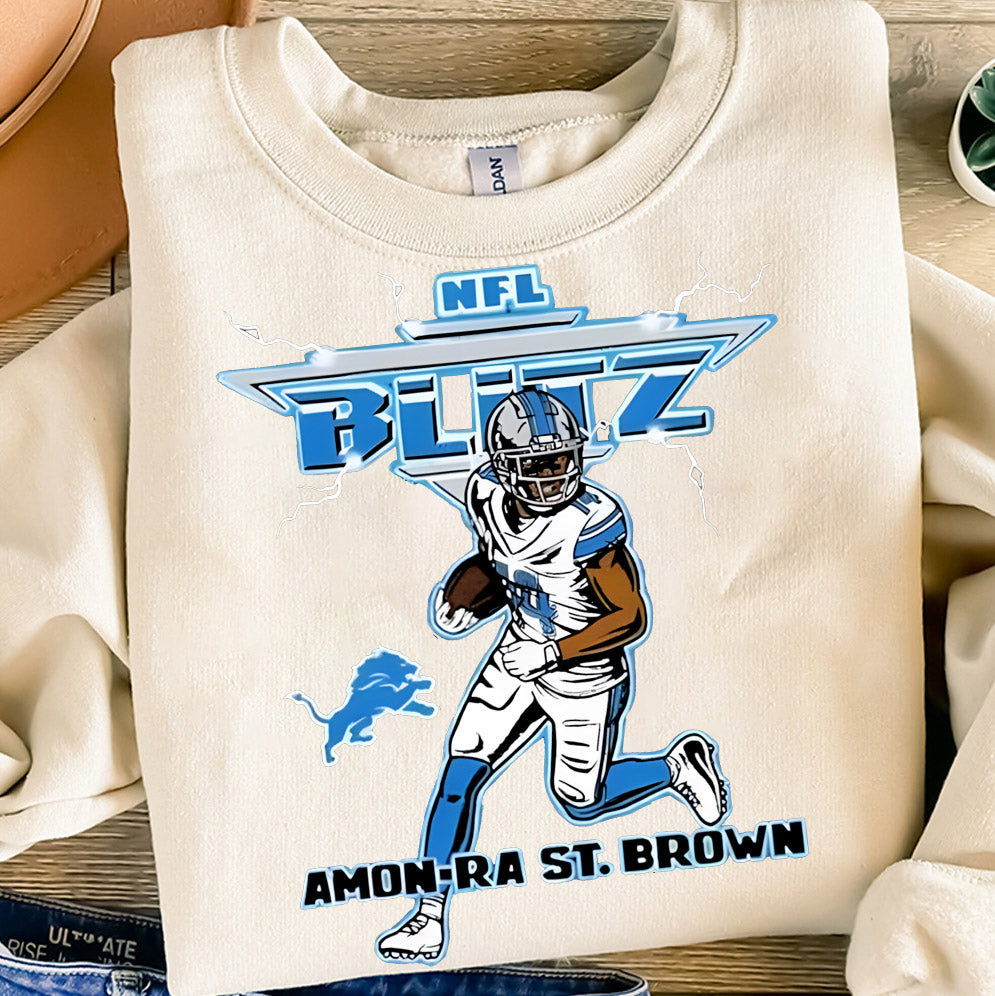 Vintage Amon-Ra St. Brown Blitz Detroit Lions T-Shirt, Perfect Gift for Lions Fans, Detroit Football