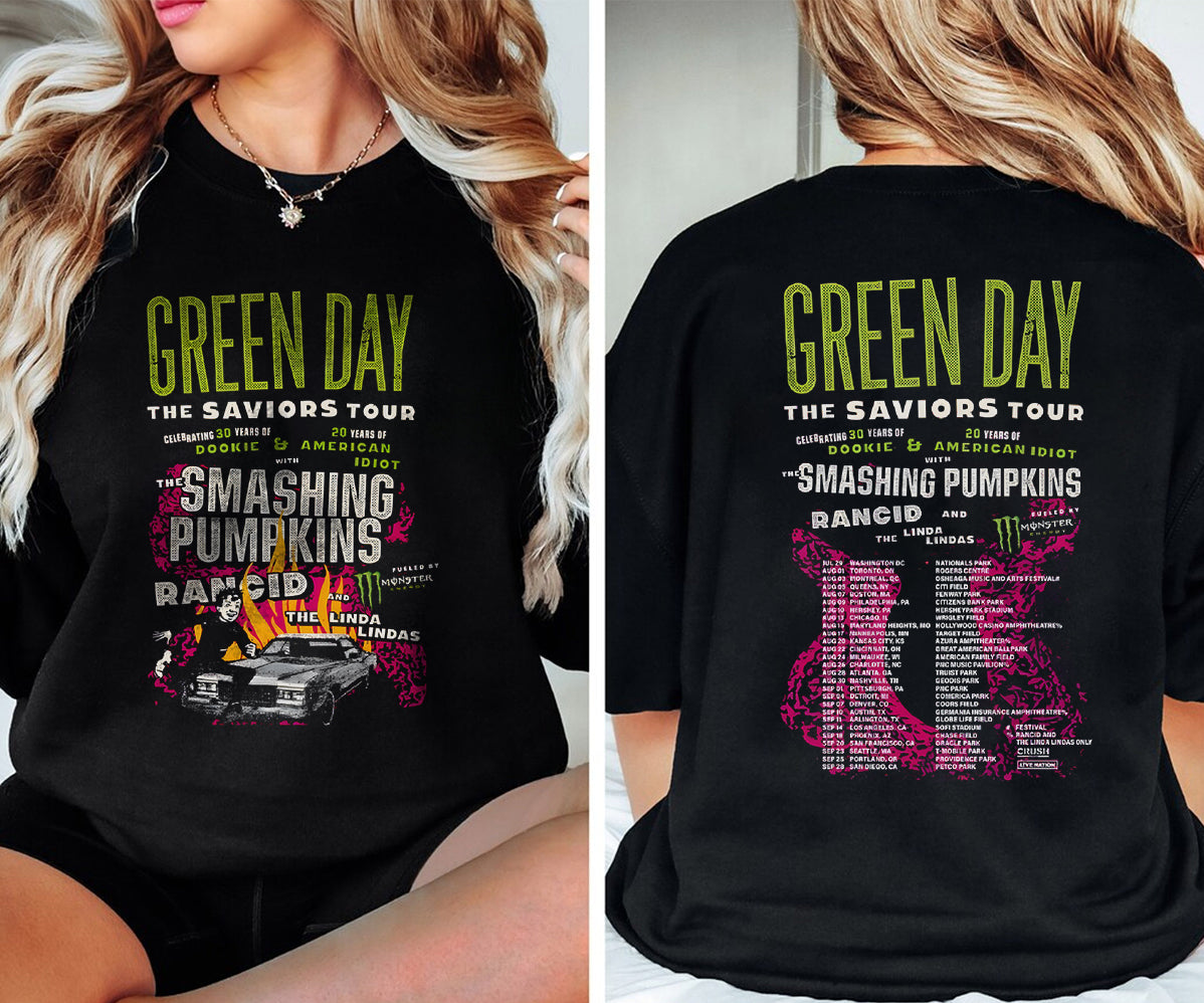 Vintage Green Day The Saviors Smashing Pumpkins 2024 Tour Concert 2 Side T-Shirt Black