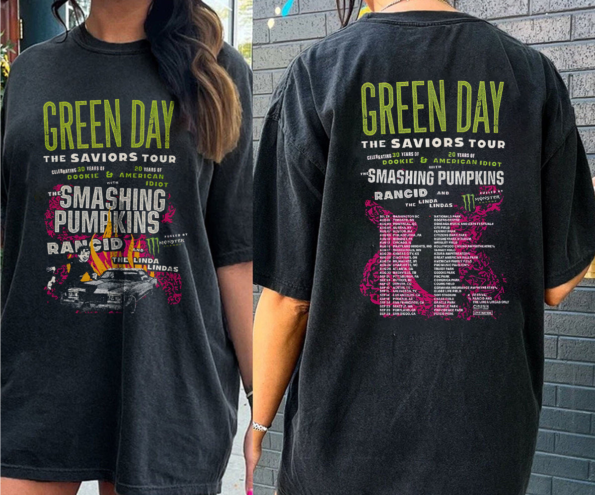 Vintage Green Day The Saviors Smashing Pumpkins 2024 Tour Concert 2 Side T-Shirt Black