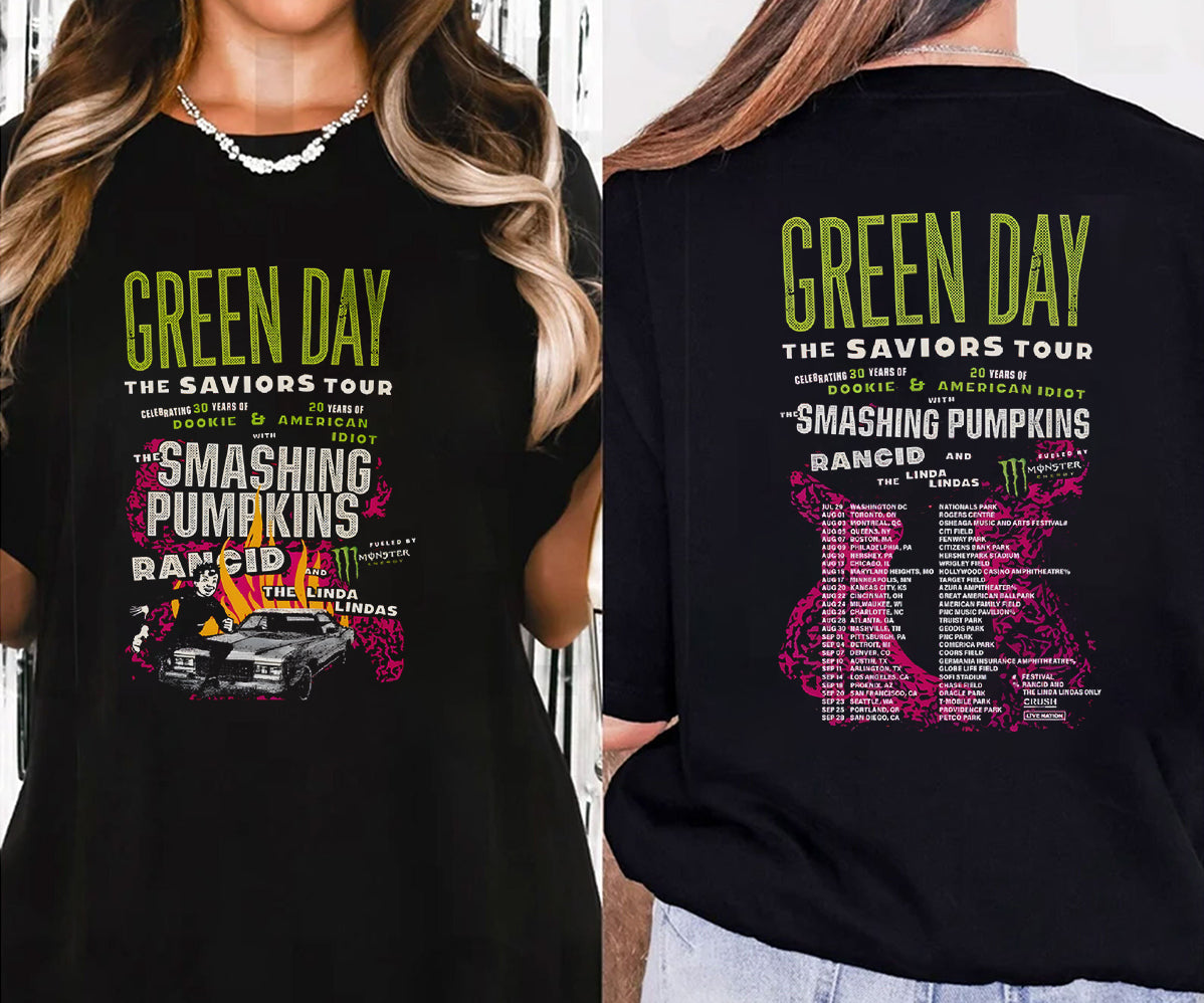 Vintage Green Day The Saviors Smashing Pumpkins 2024 Tour Concert 2 Side T-Shirt Black