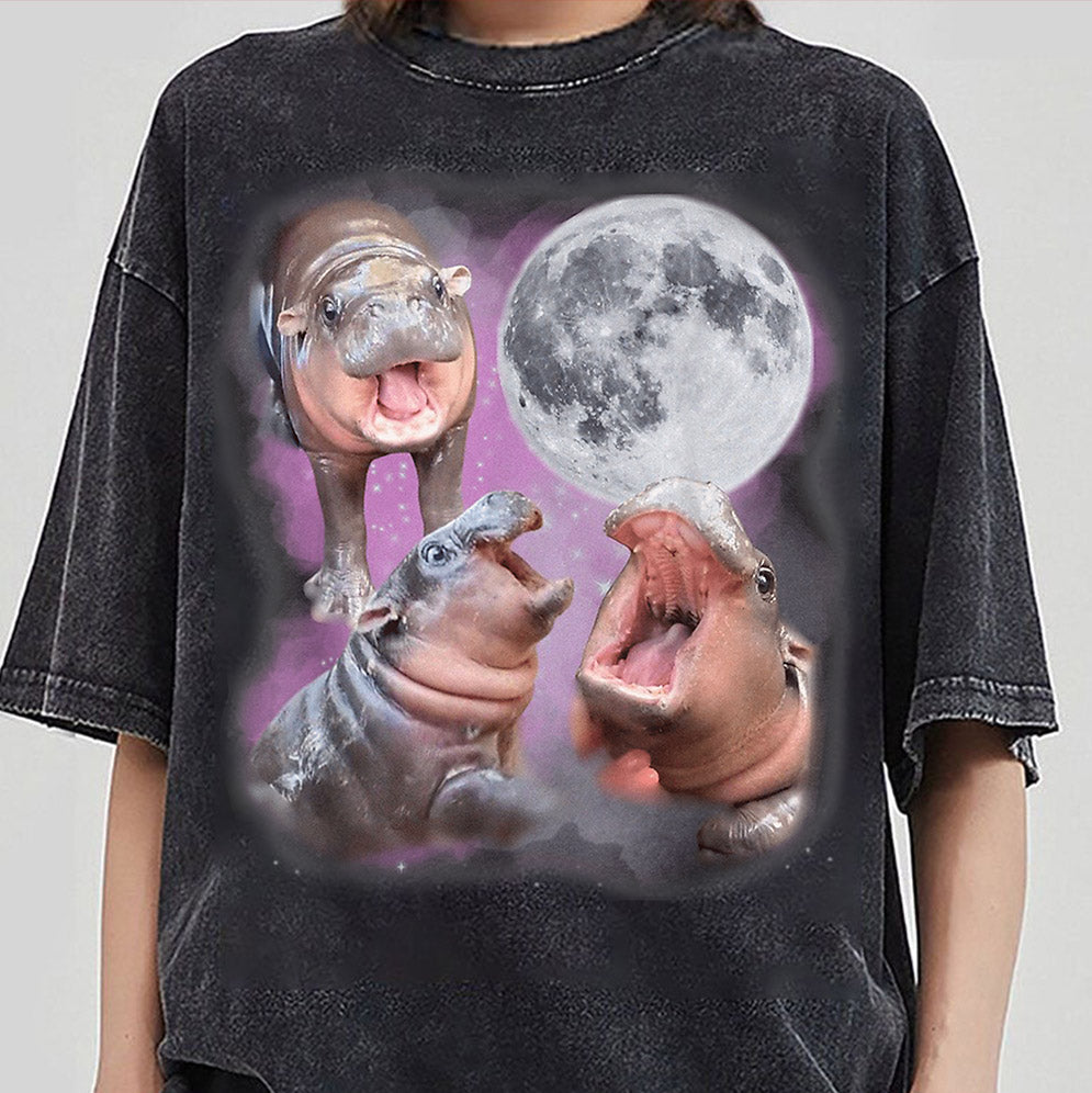 Vintage Moo Deng With The Moon Shirt, Moo Deng Shirt, Cute Baby Hippo Moo Deng Bouncy Pig in Thai Hippopotamus Shirt, Hippo Lover