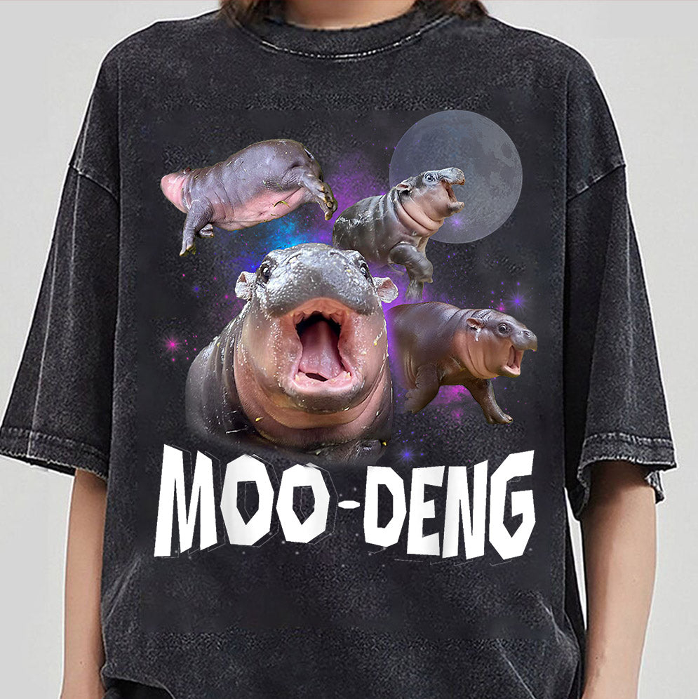 Vintage Moo Deng With The Moon Shirt V2, Moo Deng Shirt, Cute Baby Hippo Moo Deng Bouncy Pig in Thai Hippopotamus Shirt, Hippo Lover