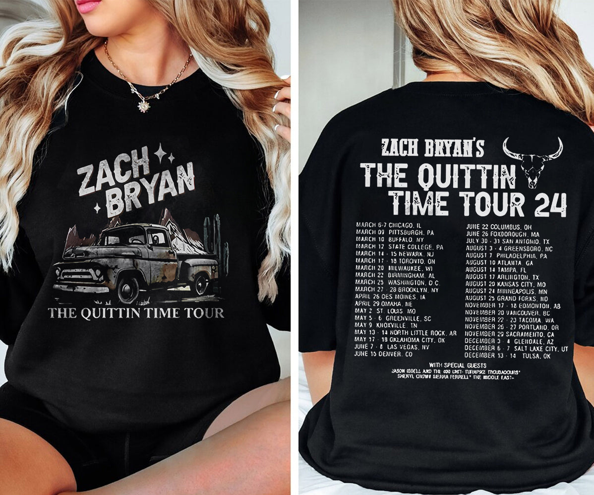 Vintage Zach Bryan Music 2side Hoodie, 2 Side Zach Bryan The Quittin Time Tour 2024 Merch Tee Graphic Sweatshirt, Zach Bryan Concert 2024