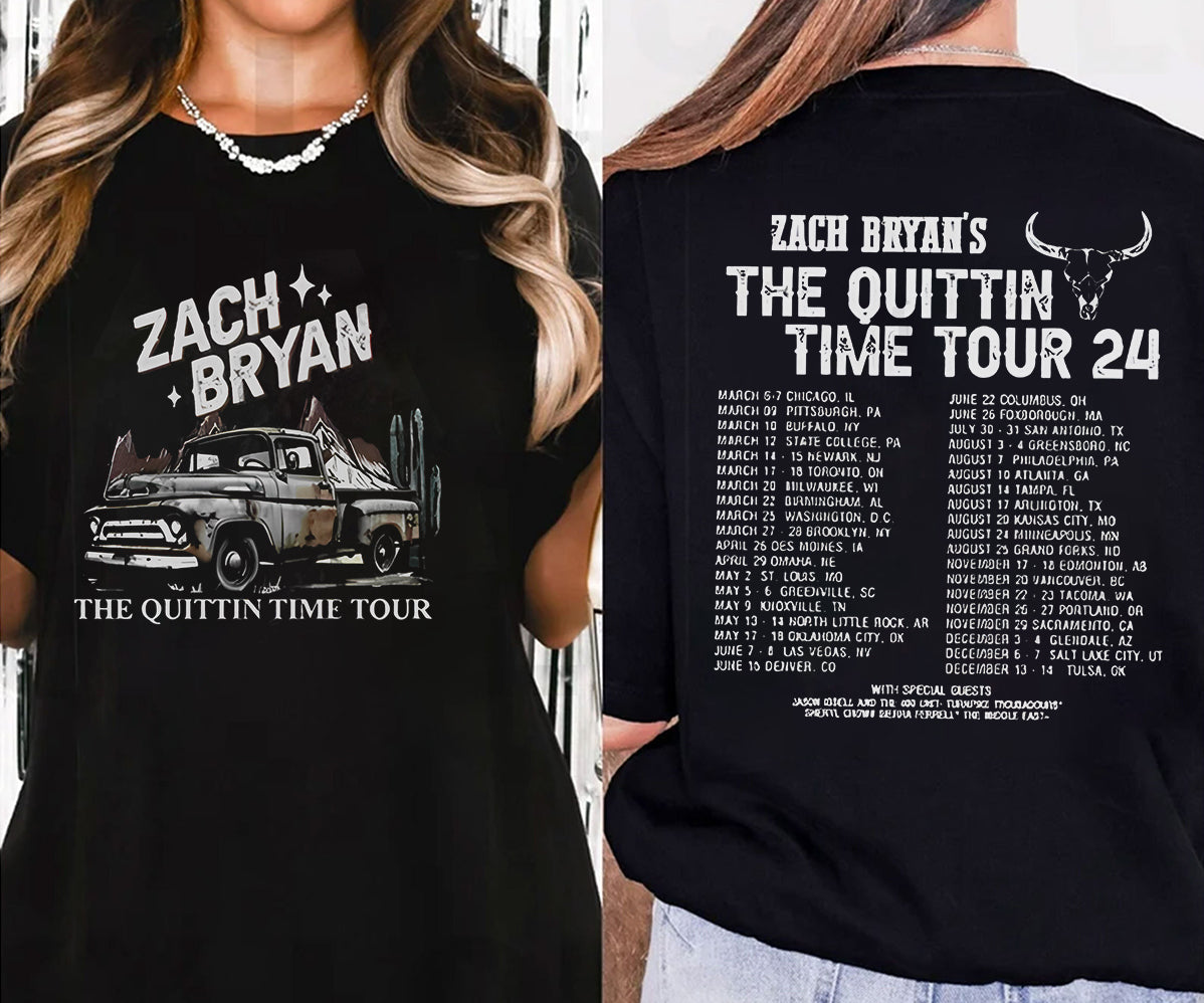 Vintage Zach Bryan Music 2side Hoodie, 2 Side Zach Bryan The Quittin Time Tour 2024 Merch Tee Graphic Sweatshirt, Zach Bryan Concert 2024