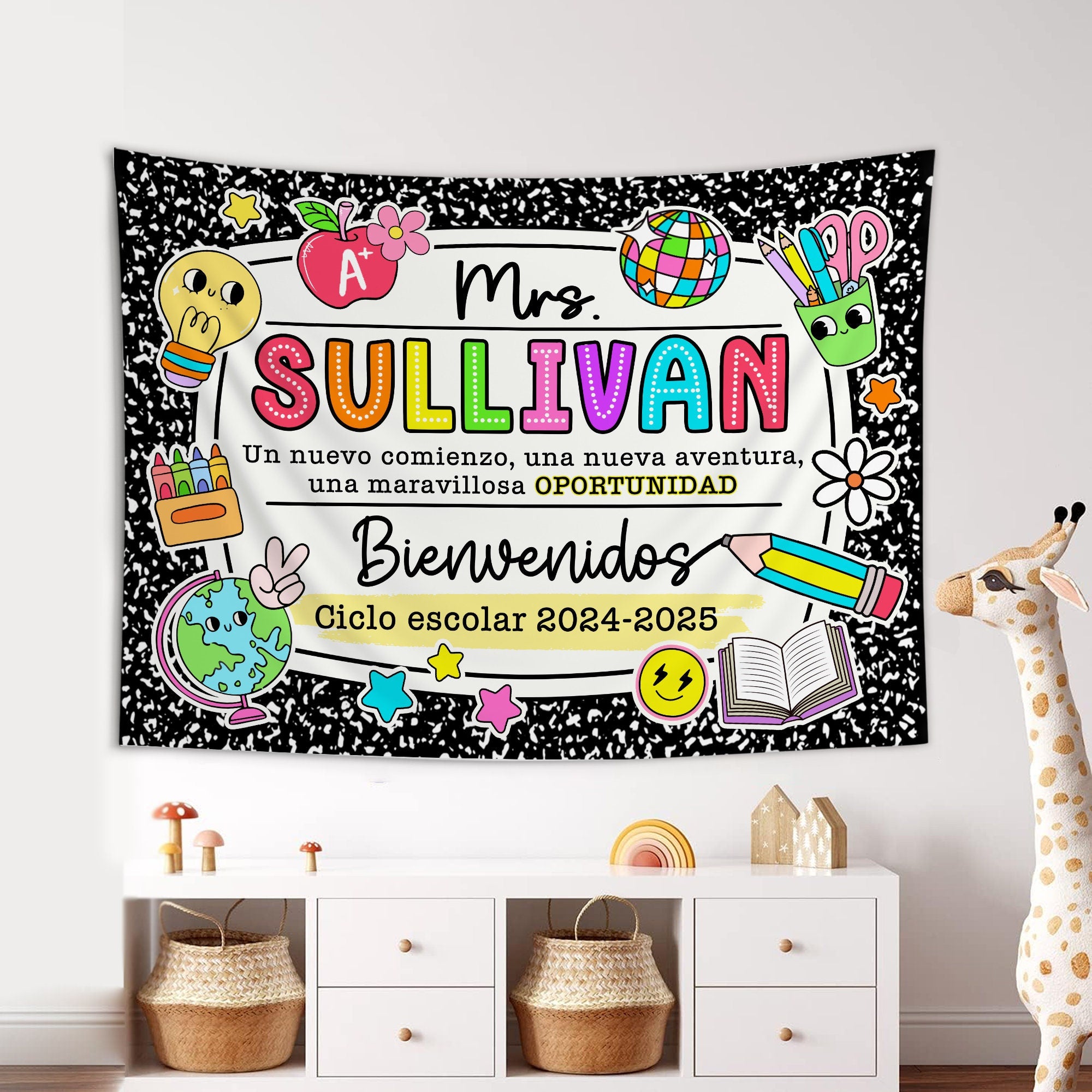 Welcome Classroom Wall Tapestry, Classroom Decor, Spanish Teacher Name Classroom Banner, Maestra Appreciation Gift, Bilingual Teacher Class TAPES1