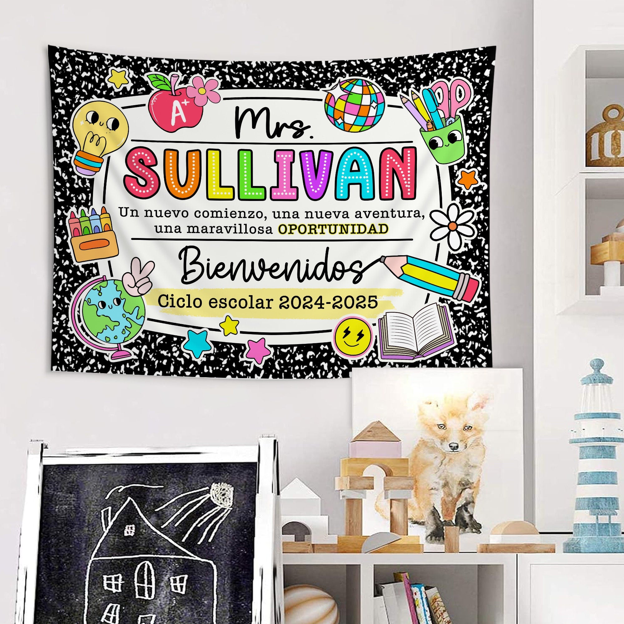 Welcome Classroom Wall Tapestry, Classroom Decor, Spanish Teacher Name Classroom Banner, Maestra Appreciation Gift, Bilingual Teacher Class TAPES1