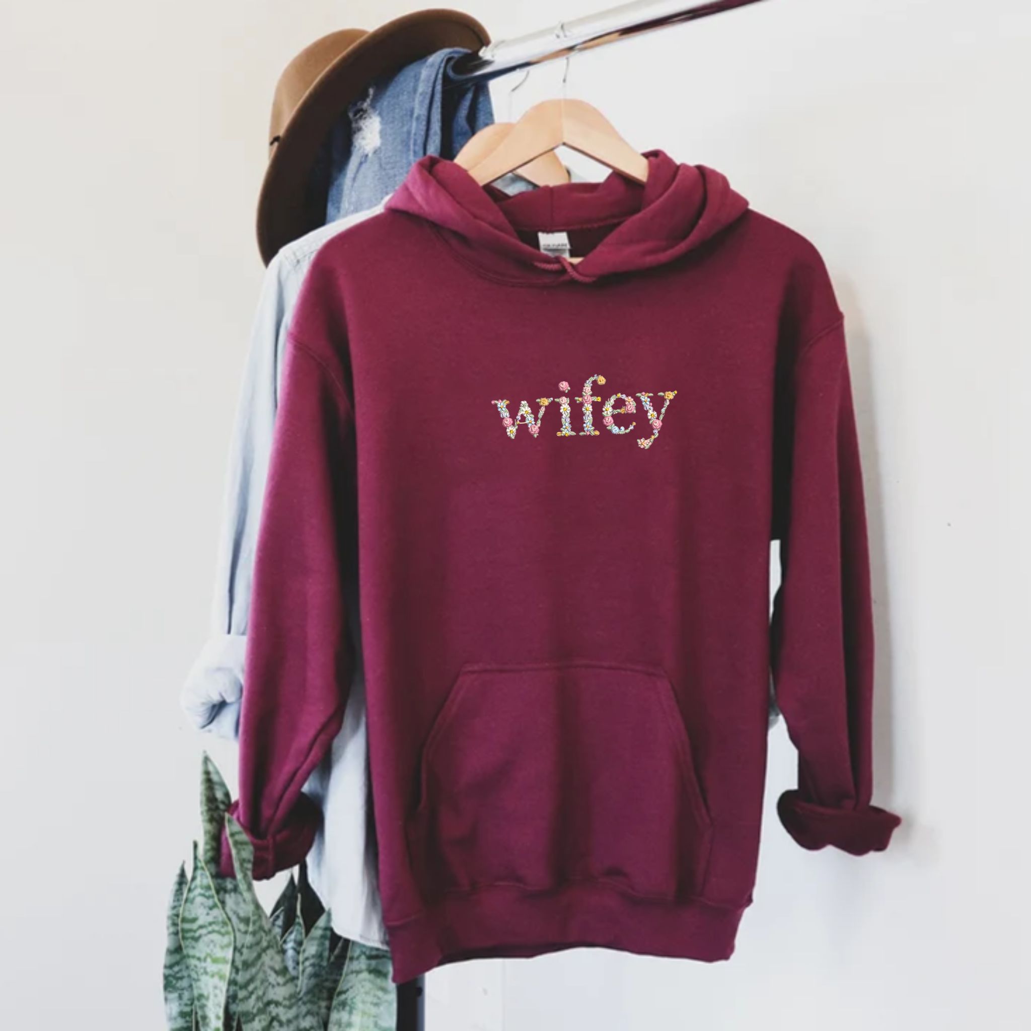 Wifey Hoodie Custom Text Embroidered with Day On Sleeve, Best Valentine Gift For Wife EM3