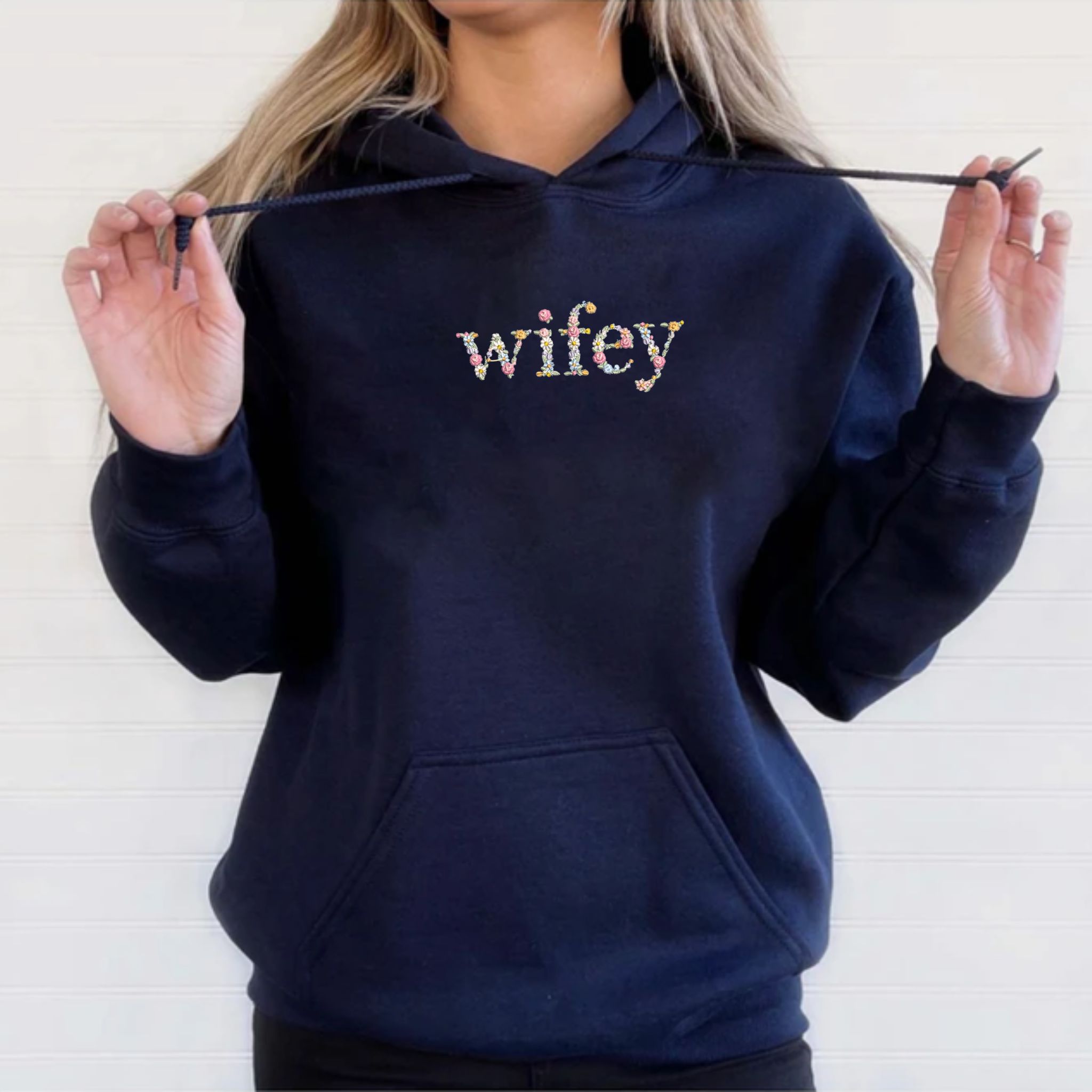 Wifey Hoodie Custom Text Embroidered with Day On Sleeve, Best Valentine Gift For Wife EM3