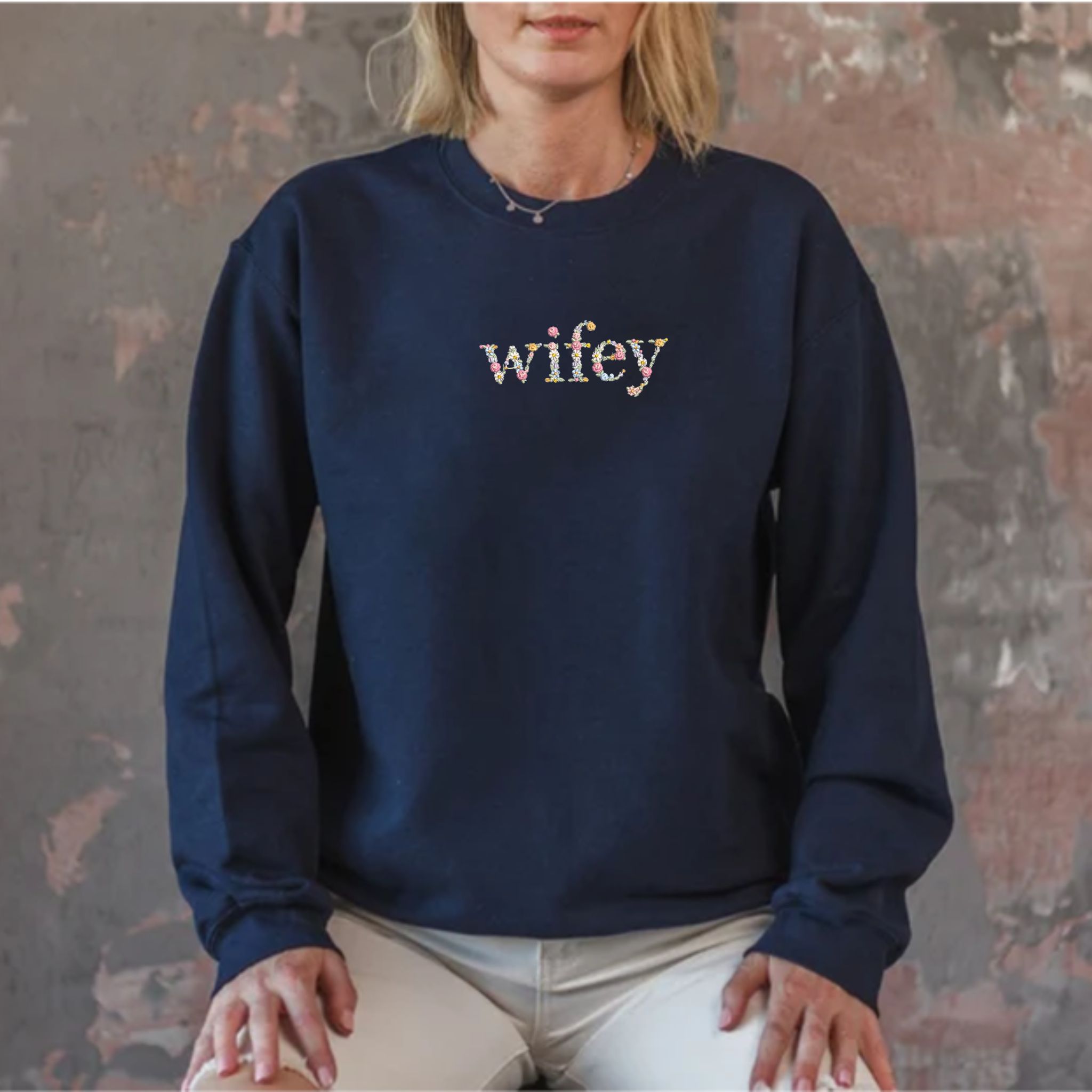 Wifey Sweatshirt Custom Text Embroidered with Day On Sleeve, Best Valentine Gift For Wife EM3