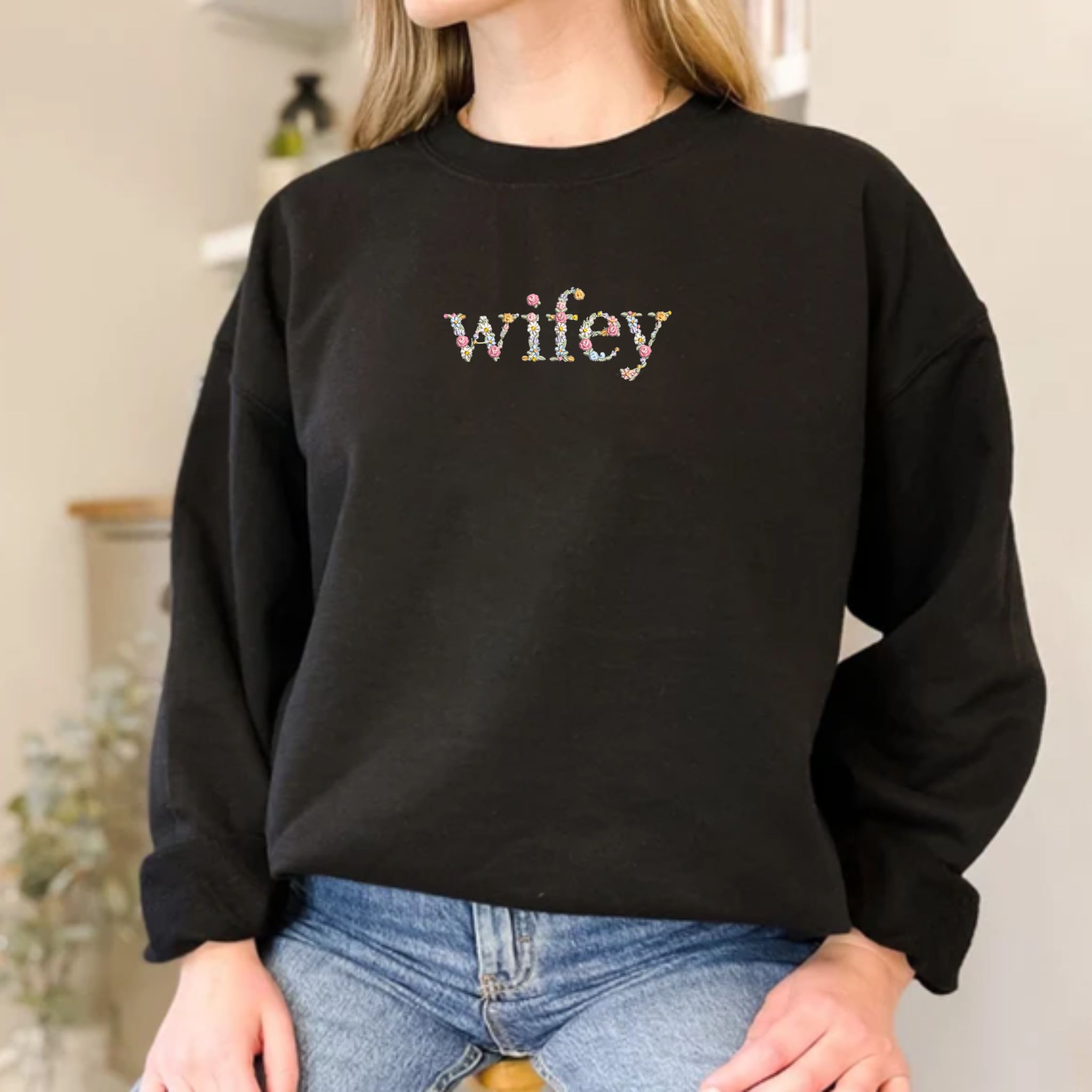 Wifey Sweatshirt Custom Text Embroidered with Day On Sleeve, Best Valentine Gift For Wife EM3