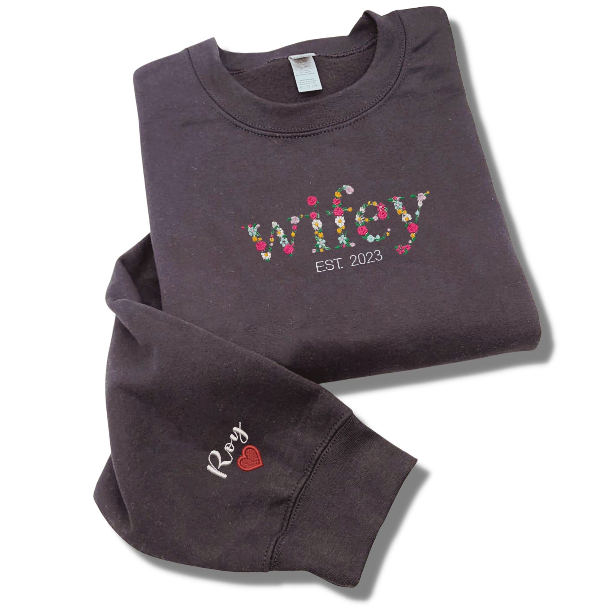 Wifey Sweatshirt, Custom Floral Wifey Sweater Est 2024 Embroidered with Initial Heart Sleeve em4