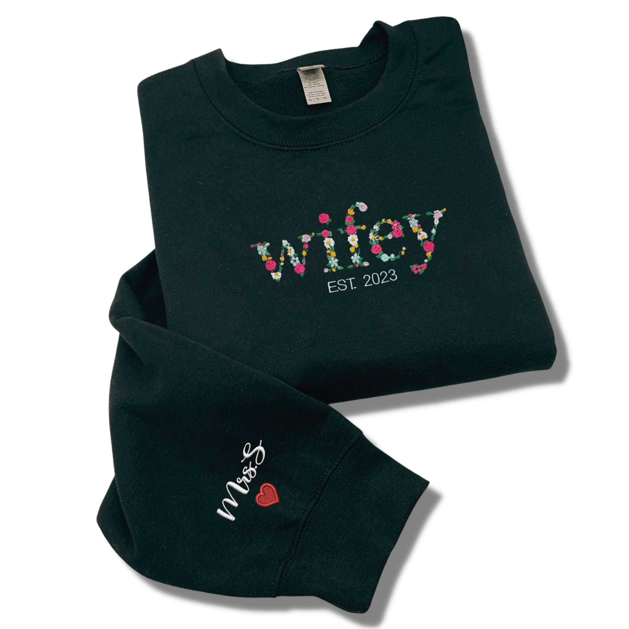 Wifey Sweatshirt, Custom Floral Wifey Sweater Est 2024 Embroidered with Initial Heart Sleeve em4