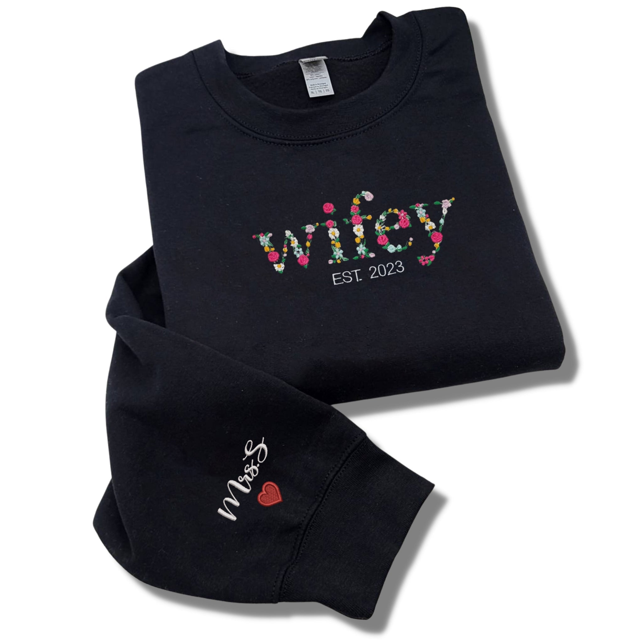 Wifey Sweatshirt, Custom Floral Wifey Sweater Est 2024 Embroidered with Initial Heart Sleeve em4