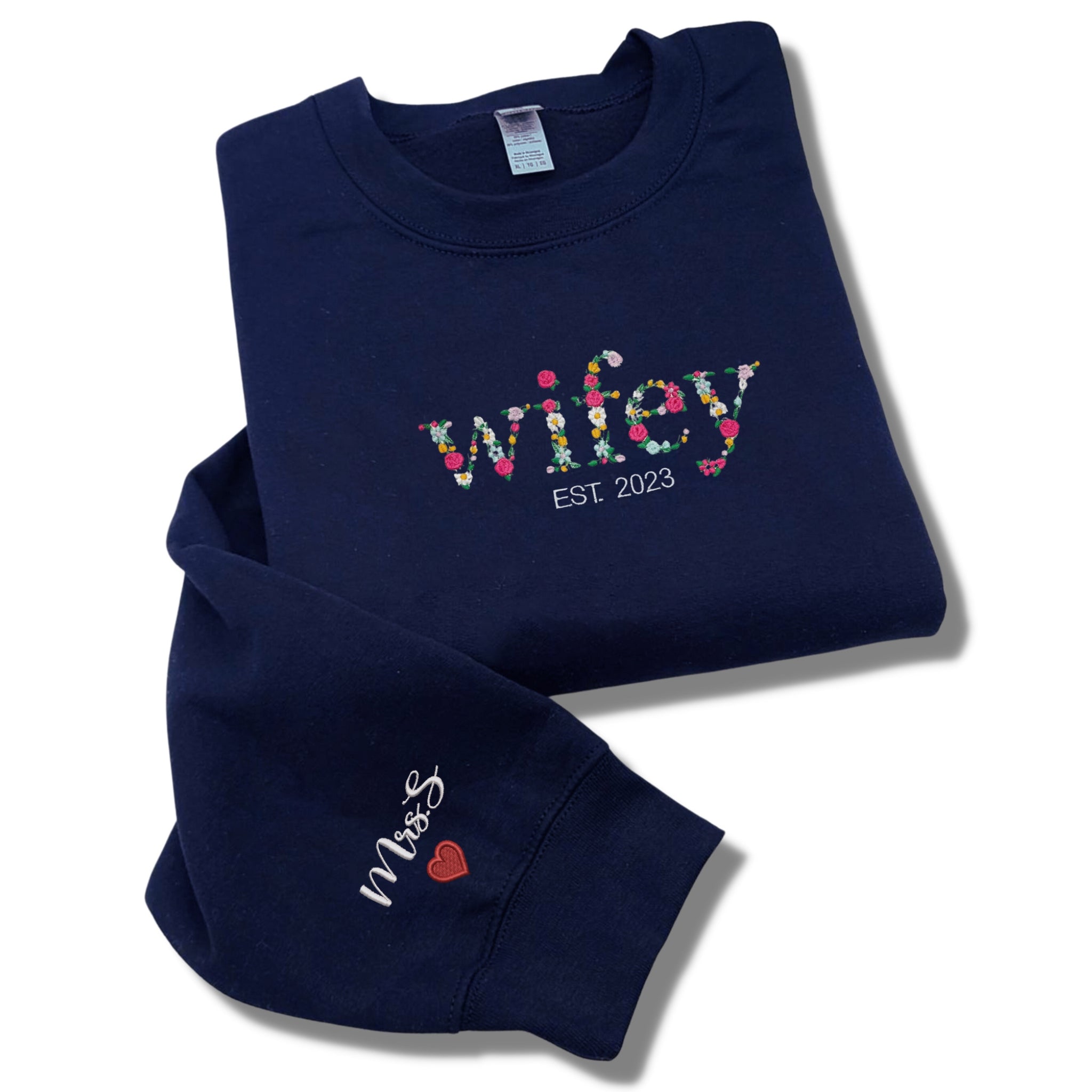 Wifey Sweatshirt, Custom Floral Wifey Sweater Est 2024 Embroidered with Initial Heart Sleeve em4