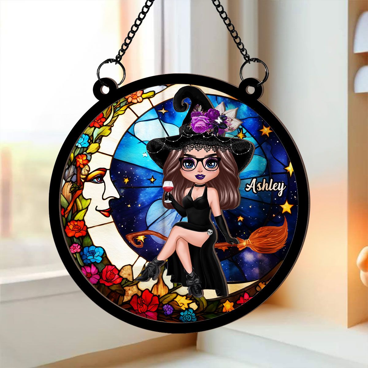 Witch And Moon Personalized Suncatcher, Window Hangings, Halloween Decor, Gift For Witch Lovers   ORHA2208