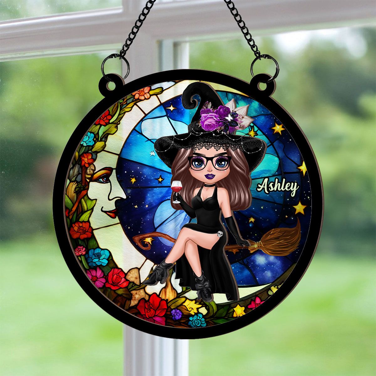 Witch And Moon Personalized Suncatcher, Window Hangings, Halloween Decor, Gift For Witch Lovers   ORHA2208