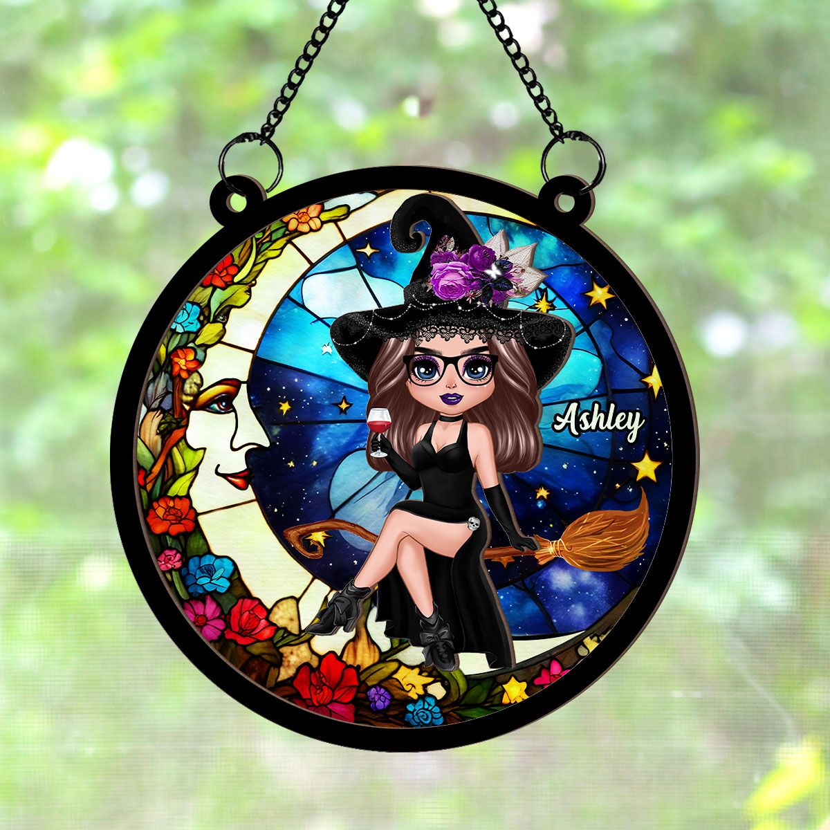 Witch And Moon Personalized Suncatcher, Window Hangings, Halloween Decor, Gift For Witch Lovers   ORHA2208