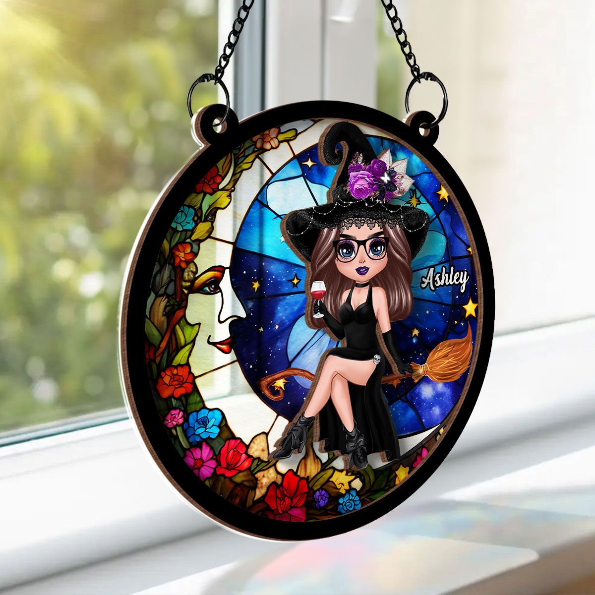 Witch And Moon Personalized Suncatcher, Window Hangings, Halloween Decor, Gift For Witch Lovers   ORHA2208