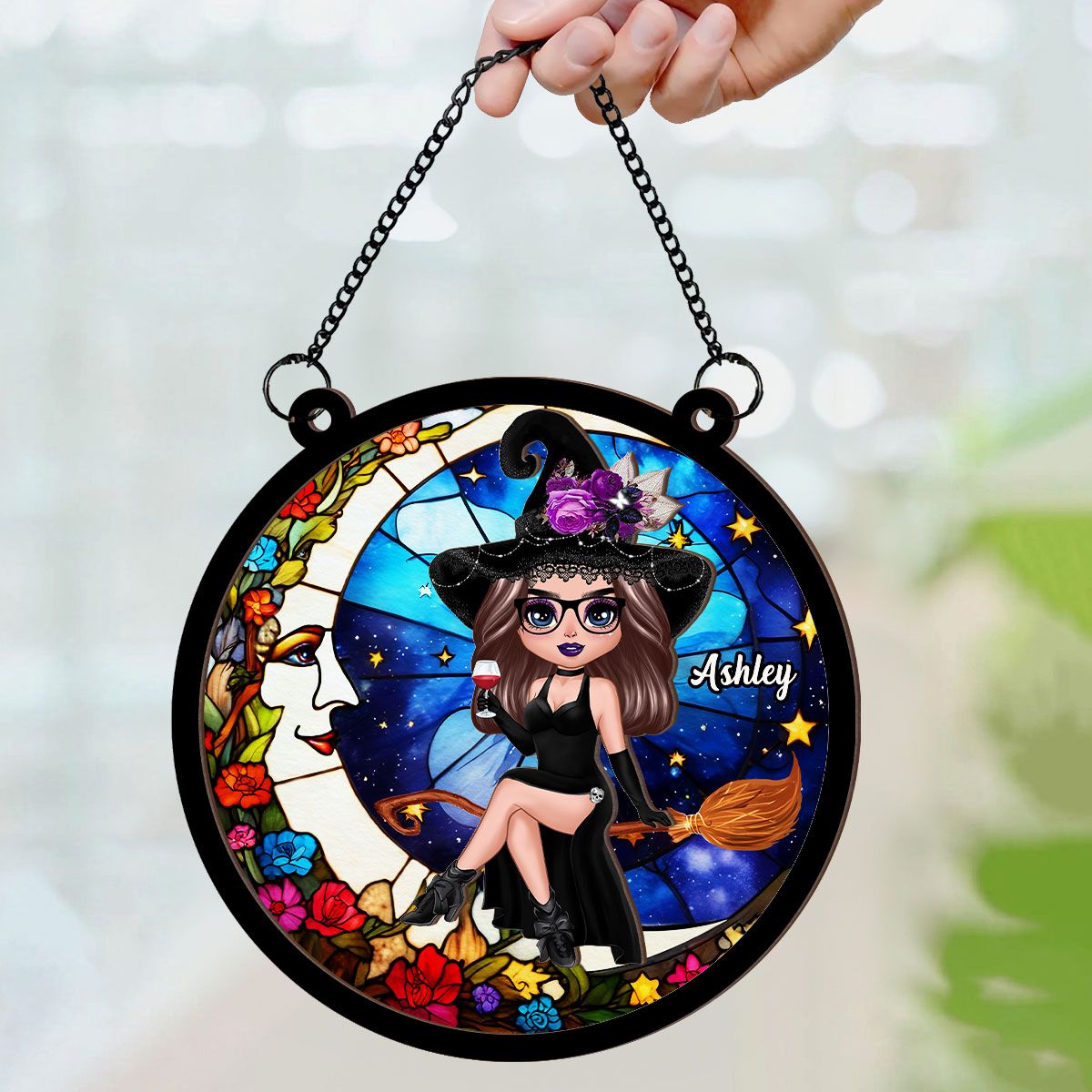 Witch And Moon Personalized Suncatcher, Window Hangings, Halloween Decor, Gift For Witch Lovers   ORHA2208