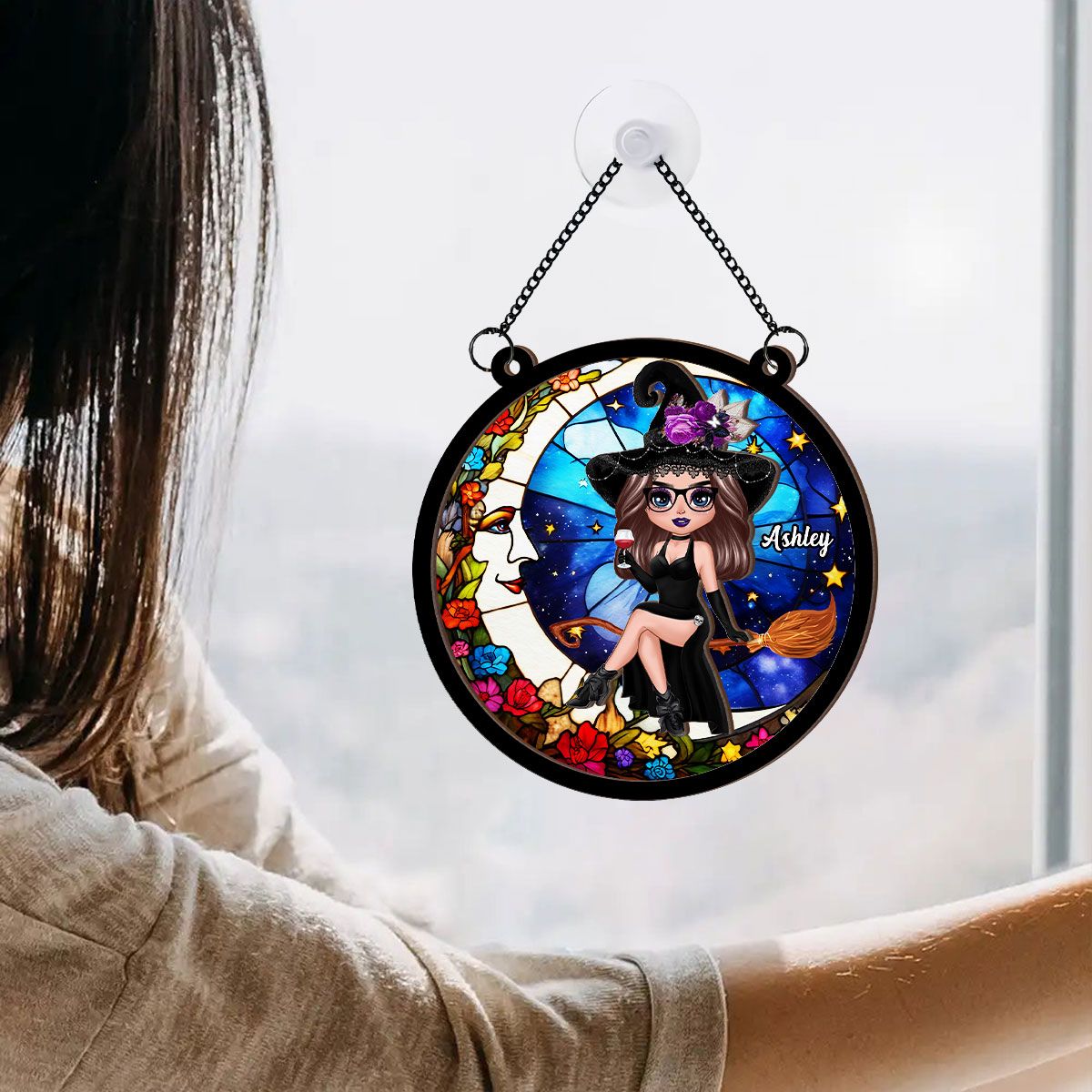 Witch And Moon Personalized Suncatcher, Window Hangings, Halloween Decor, Gift For Witch Lovers   ORHA2208