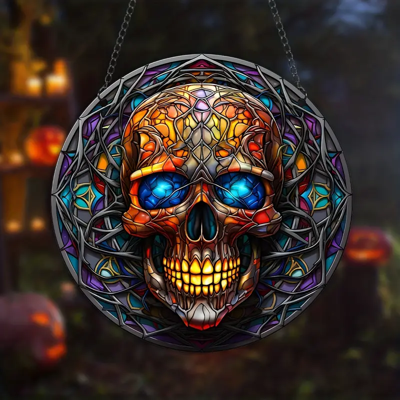 1pc Acrylic Halloween Skull Stained Suncatcher Halloween Horror Home Decoration Panel Skull Window Hanging Wall Ornament Wreath Sign Halloween Decor 2023 ORHA2408
