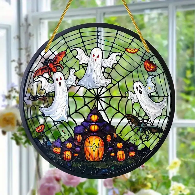 [Halloween] Spooky Ghost Suncatcher Single-sided Acrylic Decor- Acrylic Window Hanging, Round Sign For Halloween Decor, Housewarming Gift, Wreath Centerpiece, Perfect For Windows, Porches, And Home Hallow ORHA2408