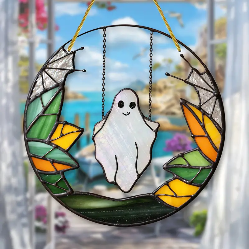 Halloween Stained Glass Suncatcher - 8 Ghost Design with Autumn Leaves - Versatile Hanging Decoration for Home, Office, and Outdoor Spaces - High Quality Material - Ideal Gift for Spooky Themed Decor ORHA2408