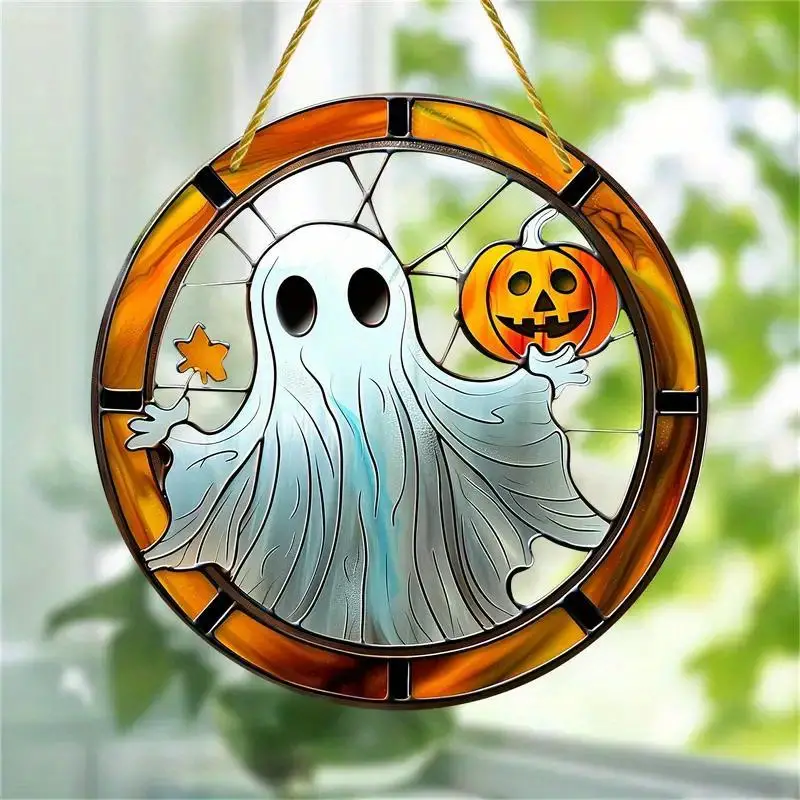 Halloween Spooky Pumpkin Ghost Suncatcher - Acrylic Halloween Welcome Sign, Flat Sign, Stained Window Hanging, Perfect For Fall & Holiday Decor, Ideal Gift For Family Friends ORHA2408