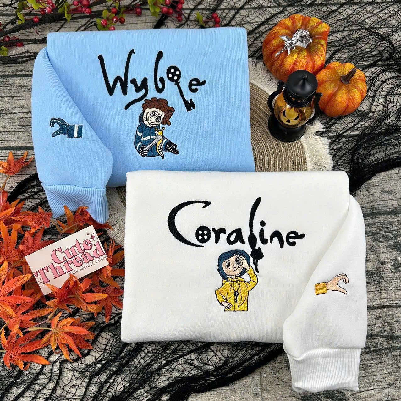 Embroidered Coraline & Wybie Ver2 Sweatshirt, Autumn Gift Fall Cozy Hoodie, Coraline Button Eyes Sweatshirt, Gift Shirt on Halloween EMHA0509