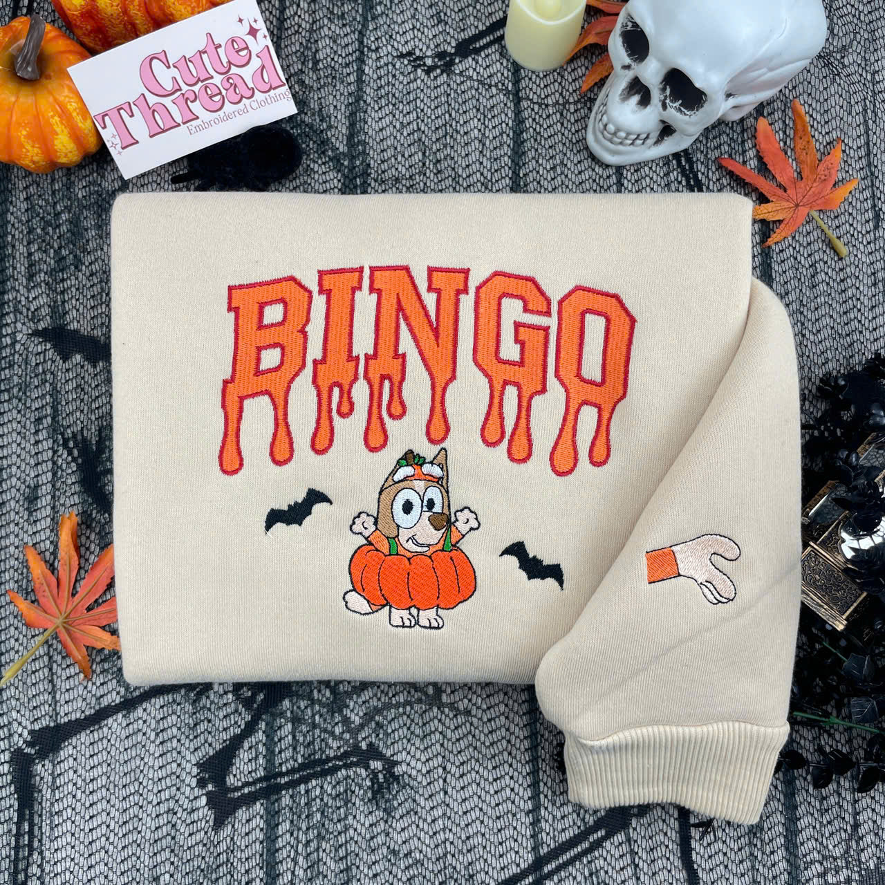 Halloween Blue Bingo Embroidered Sweatshirt, Halloween Pumpkin Shirt, Cute Bue Dog Shirt, Cartoon Sweatshirt, Spooky Season Hoodie EMHA0609